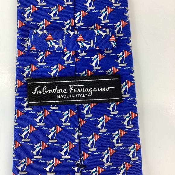 Salvatore Ferragamo Red and Blue Dog on Sailboat Silk Tie - Picture 8 of 12